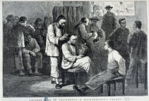 Frisørsalon i det kinesiske samfund i Californien - gravering af Unknown artist