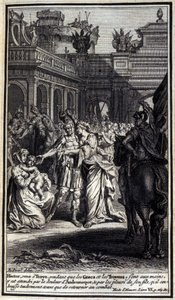 Hector, som kom til Troyes, mens grækerne og trojanerne var i deres hænder, var plaget af Andromaques smerte og af gråden fra sin søn, som han kyssede ømt, før han vendte tilbage til kampen. Illustration af bog VI af Iliaden af Homere, Fren af Unknown artist