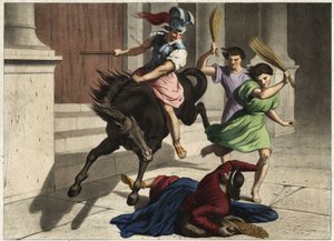 Heliodore (Heliodoros) blev drevet ud af templet: på ordre fra sin hersker forsøgte han uden held at gribe bekæmperne af Jerusalems tempel. Anonym stik fra midten af 1800-tallet. af Unknown artist