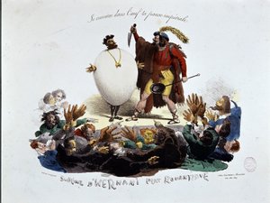 Hernanis sublime, romantiske ret - tegnefilm om Victor Hugos skuespil "" Hernani"" ("Slaget ved Hernani"), anonym litografi af Unknown artist
