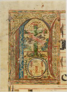 Historiseret initial "N" med krucifiks fra et manuskript af Unknown artist