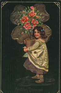 Historisk lykønskningskort med et barn og en stor potteplante, rose af Unknown artist