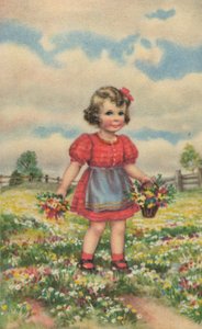 Historisk postkort med en glad pige på engen, lykønskningskort af Unknown artist