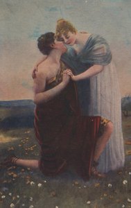 Historisk lykønskningskort med historisk motiv, middelalderens kvinde og kriger af Unknown artist