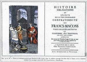 Historieforpligtelser og vedtægter for frimurernes mest ærværdige broderskab: Titel og frontispice indgraveret af Reinhardt Jr. (1742), for det berømte værk af den tredjes bror, hvor de væsentlige passager i Andersons "Con" er oversat af Unknown artist