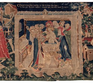 Historien om Saint Piat og Saint Eleuthère, Scene 13: Dåb af Blanda (Hvordan de gode helgener døbte dattertribunen, der rejste midler ved et meget stort mysterium: Blande, der var en mor til den gode helgen). af Unknown artist