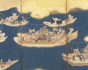 Hiyoshi-Sann? Festival (blæk, farve og bladguld på papir, skærm med seks paneler) af Unknown artist