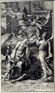 Homeres ånd, der holder sin Iliaden og sin Odyssee, og ledet af heroisk poesi, introduceres, trods Misundelsens anstrengelser, til erindringens tempel, som åbner sine døre. Han er ledsaget af Renommee, der flyver foran ham, og Tid, som vil placere af Unknown artist
