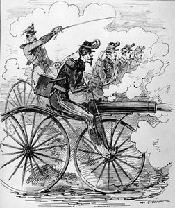 Humoristisk gravering: Velocipedomania anvendt på maskingeværer - 1800-tallet. af Unknown artist