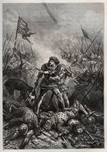 Hundredårskrig: Kongen af Frankrig Johannes II den Gode og hans søn Filip II af Bourgogne (1342-1404), kendt som "Philippe le Hardi", kæmpede mod englænderne i slaget ved Poitiers den 19/09/1356) (Kong. af Frankrig Johannes II af Frankrig (1319-1364) og ha af Unknown artist