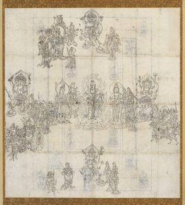 Ikonografisk skitse (Zuzō) for de velvillige kongers Sutra Mandala af Unknown artist