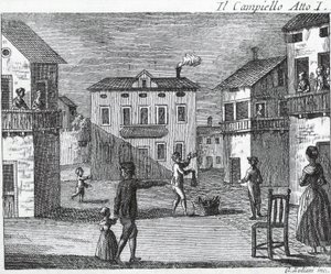 Il Campiello Act I - Carlo Goldoni (1707-1793) - Indgravering af det 18. århundrede af Unknown artist