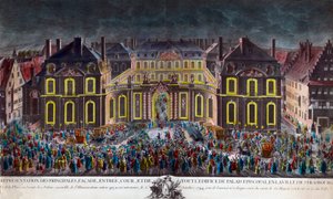 Belysninger af bispepaladset i byen Strasbourg under festlighederne, som byen holdt under kong Ludvig XVs (1710-1774) ophold i rekonvalescens efter en alvorlig sygdom den 5/10/1744. Periodetryk Privat Samling af Unknown artist