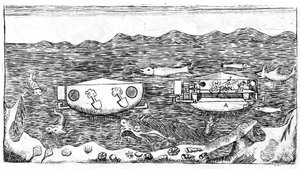 Illustration af slutningen af ​​det 18. århundrede om hvordan man navigerer under vand i "" Ny afhandling om den sande opretning af cirklen målt nøjagtigt med diameteren, nyttig til trigonometri ... Med en afhandling om hvordan man navigerer under vandet,  af Unknown artist