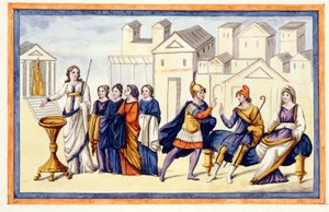 I Troja tigger kvinder Athena, mens Hector farvel til sin Andromaque-kone. L