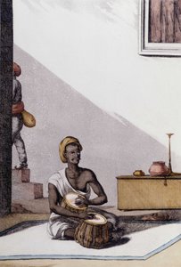 Indisk kultur og civilisation: musiker, der spiller tabla, traditionelt musikinstrument, Indien. Stik 1808. af Unknown artist