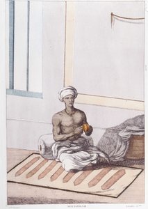 Indisk kultur, civilisation og samfund: musiker med traditionel indisk percussion. Stik fra 1808. af Unknown artist