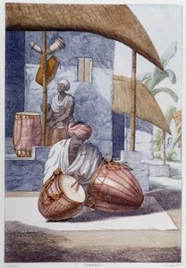 Indisk kultur, civilisation og samfund: musiker med traditionel indisk percussion (Tikora). Stik fra 1808. af Unknown artist