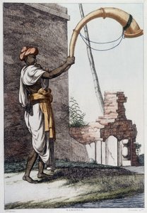Indisk kultur, civilisation og samfund: musiker med traditionelt indisk blæseinstrument (Sournae). Stik fra 1808. af Unknown artist