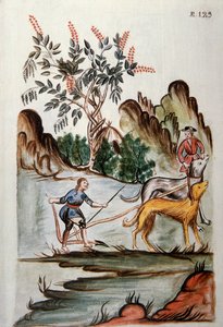 Indianere, der pløjer en mark med hunde, fra bogen "Trujillo del Peru" eller "Codex Martinez Companion", af Baltazar Martinez Companion og Bujanda, biskop af Trujillo (1782-1785) af Unknown artist