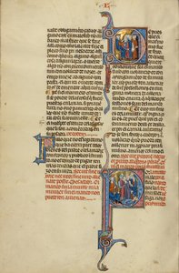 Initial D: En kvinde anklager sin mand foran en dommer; Initial P: Et par ledet af soldater foran en konge af Unknown artist