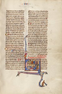 Initial E: En mand med børn foran en dommer og en gammel mand i sin sygeseng, der dikterer til en anden mand af Unknown artist