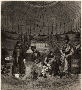 Inde i et tyrkisk telt (Turkmena, Irak), hjem til en familie, med en barhchi (musiker, historiefortæller) ledsaget af dutaren til at synge eller recitere poesi, er disse kunstnere meget fanget. Gravering for at illustrere historien om Henri de Blocqueville af Unknown artist