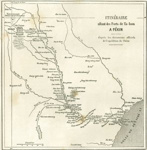 Rejseplan langs Hai He-floden nær Tien Tsin (Tien-Tsin, Tianjin) til Pekin (Beijing), Kina. Kort, i "" Le Tour du Monde, New Journal of Travels "", redigeret af Edouard Charton, Paris af Unknown artist