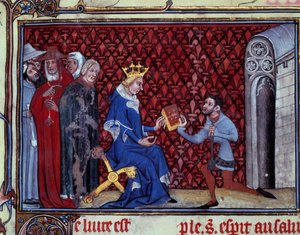 Jacques Bauchant præsenterer sin bog for kong Charles V (1338-1380) Miniature taget fra "" Guds veje og visioner af Saint Elisabeth von Schonau (1128-1164) "" af Jacques Bauchant af Saint Quentin (? -1396), Paris, B.N. af Unknown artist