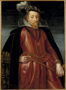 James Stuart, James VI, konge af Skotland og James I, konge af England og Irland - Portræt af kong James I af England (1566-1625), Anonym . Olie på træ. Mål: 115x86 cm. Nationalmuseum Stockholm af Unknown artist