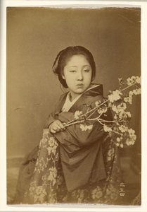 [Japansk kvinde holder blomstrende prunusgren]. af Unknown artist