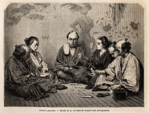 Japanske spillere i midten af kortene. Indgravering til illustration af Japan, rejsehistorie af Aime Humbert, minister for Det Schweiziske Forbund, i 1863-1864, offentliggjort i "Le tour du monde, nouveau journal des voyages", under ledelse af Edouard Char af Unknown artist