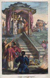 Japanske bryllupper - japanernes bryllupsceremoni - gravering fra "" skikke og traditioner for alle folk i universet. Det vil sige historien om regeringen, lovene, militsen, om alle nationers religion fra de fjerneste tider til i dag "1 af Unknown artist