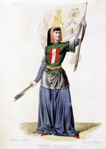 Jeanne Laisné, kendt som Jeanne Fourquet, med tilnavnet Jeanne Hachette fransk heltinde (1456 til?). stik fra 1835 af Unknown artist