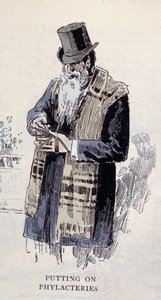 Jødisk religion: en gammel jødisk mand iført bønnelime (Talit eller Tzitzit), gravering fra 1890 af Unknown artist