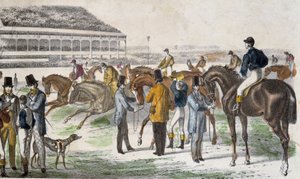 Jockeyer og deres heste før løbet - gravering, ca. 1850 af Unknown artist
