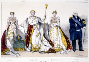 Josephine, Napoleon 1er, Marie Louise og Louis XVIII - i "La Monarchie francaise en estampes"" af Unknown artist
