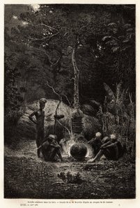 Kanaks laver mad i skoven, på Pamales territorium. Indgravering til illustration af turen til Ny Kaledonien af ​​Jules Garnier, civilingeniør i miner, i 1863-1866, udgivet i "Le tour du monde, nouveau journal des voyages", redigeret af Edouard C af Unknown artist