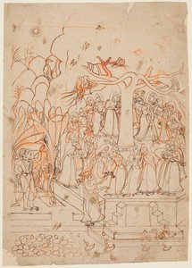 Krishna ser mælkepigerne rundt om et helligt træ: Jyestha-måneden (maj-juni), fra en Baramasa (De tolv måneder) af Unknown artist