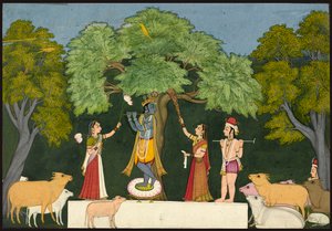 Krishna underholder sine ledsagere af Unknown artist