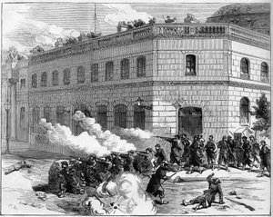 La Commune de Paris i 1871. Forsvar af Elysee-paladset ved Federes (Communards). af Unknown artist