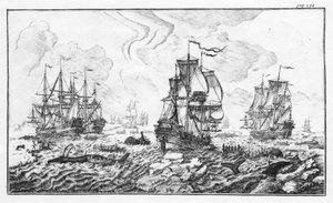 La chasse à la caleine - indgravering i "" Klassisk beretning om den artiske hvalfangstindustri"" af Cornelis Zorgdrager af Unknown artist