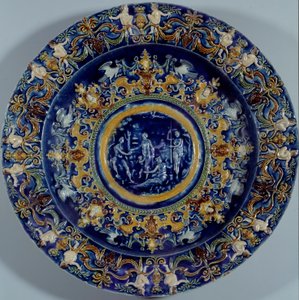 Stort polykromt fajancefad med en gengivelse af dommen i Paris. 1550-1600 af Unknown artist