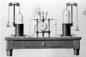Lavoisier og Laplace apparater til dannelse af vand ved hjælp af oxygen og brintgasser, der brænder i en glaskolbe. Indgravering af det 19. århundrede. af Unknown artist