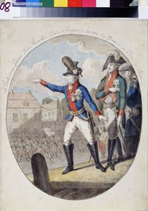 Marskal Alexandre Alexandre Souwaroff (Souvaroff eller Souvarov eller Alexander Souvorov) (1729-1800) inspicerede tropperne foran kurfyrsten for Palads i Sachsen, Warszawa, i 1794 under Kosciuszko-opstanden. (Feltmarskal Alexandr Suvorov inspec af Unknown artist