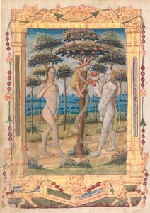 Blad fra en timebog: Adam og Eva og menneskets fald (præfatory miniature to the office of the jomfru) (recto) af Unknown artist