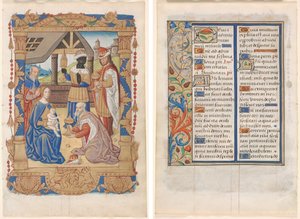 Blad fra en timebog: Tilbedelse af Magi (recto) og tekst med illustreret kant (verso) (3 af 3 udskårne blade) af Unknown artist