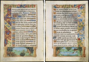 Blad fra en timebog: Abejagt på vildsvin (recto) og abefiskeri (verso) af Unknown artist