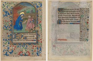 Blad fra en timebog: Fødselen (recto) og tekst (verso) af Unknown artist