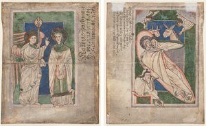 Blad fra en Psalter(?): Bebudelse (recto); Fødsel (omvendt) af Unknown artist